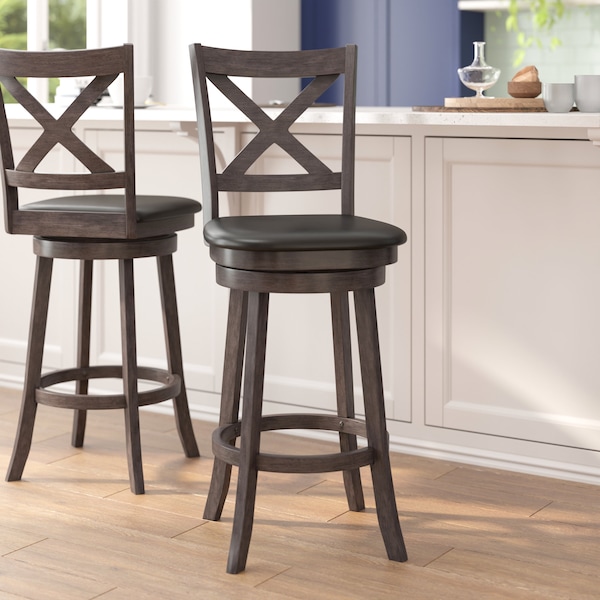 Flash Furniture Felicity Wood Crossback Swivel Bar Height Barstool w/Padded Black LeatherSoft Seat, Gry Wsh Walnut ES-UN1-29-GY-GG - main